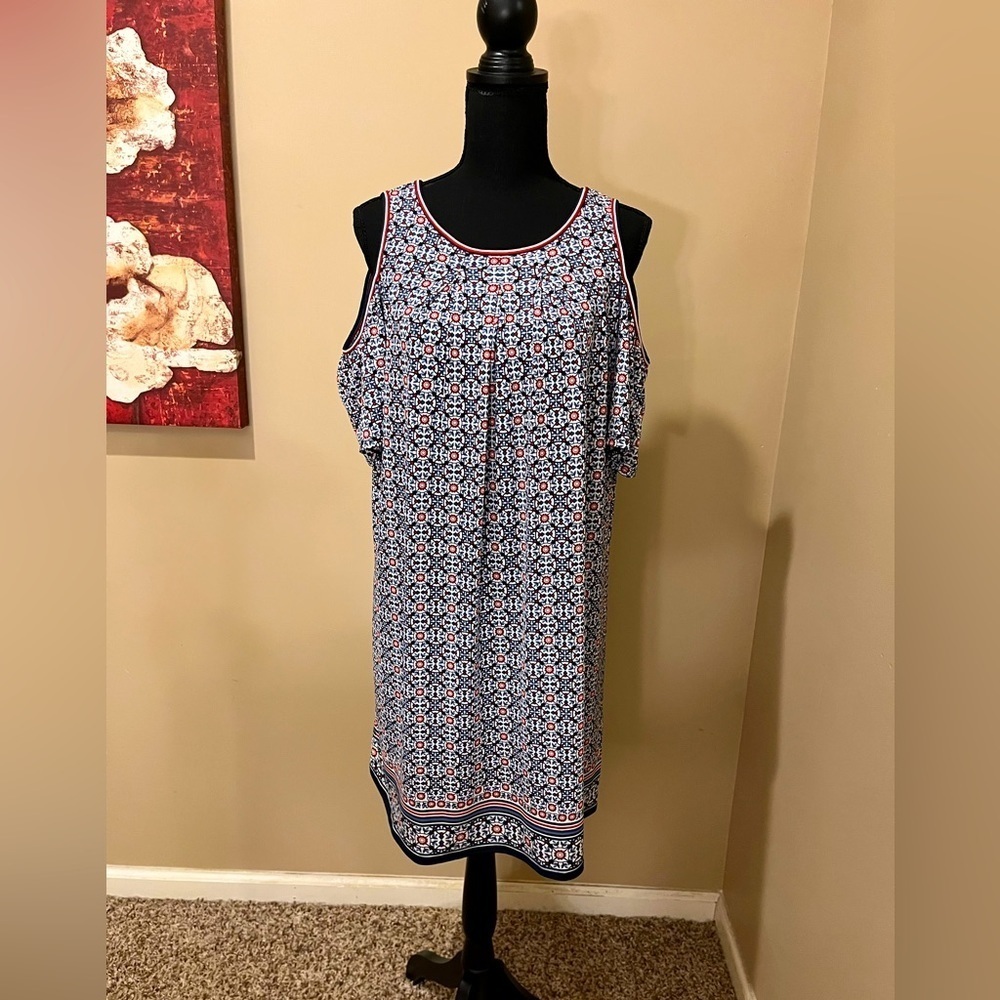 Mini Cold-Shoulder short sleeve loose fit dress, Navy, Red & White, sz S